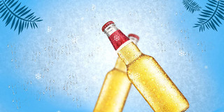 蓝色黄色简约清爽啤酒水珠啤酒瓶夏日啤酒节展板背景夏日啤酒啤酒节背景